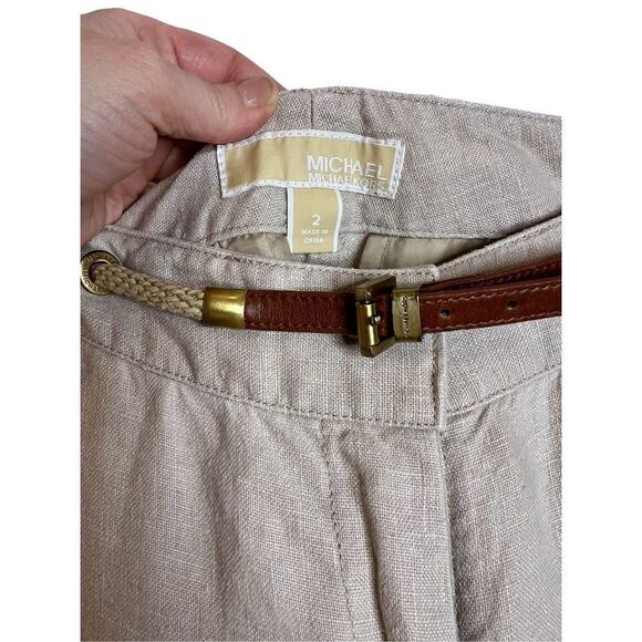Micheal Kors 100% linen neutral beige flair belted trousers sz 2 - Picture 4 of 6